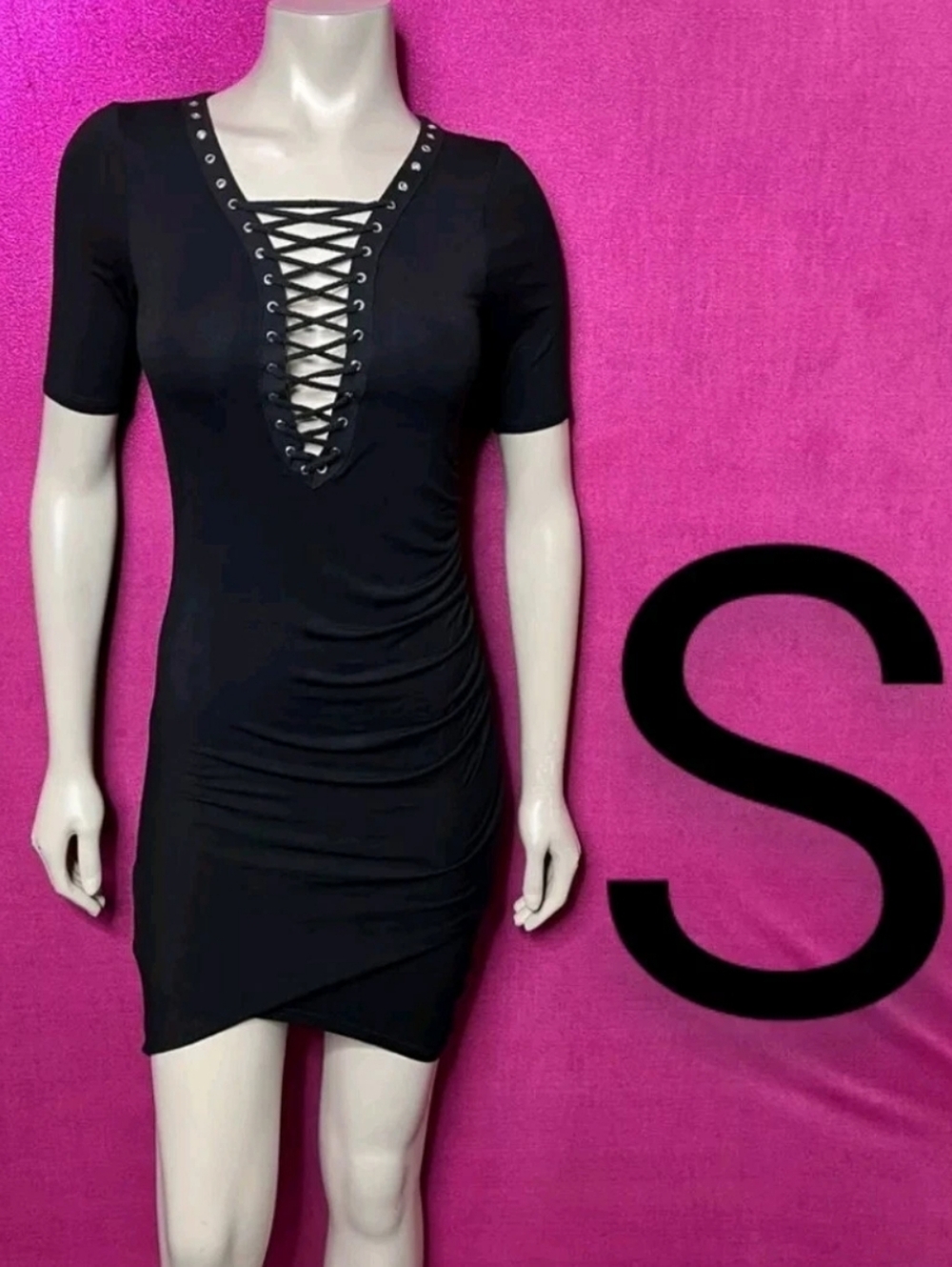 🆕Black Lace Up Short Sleeve Rayon Stretchy Bodycon Dress~Size S